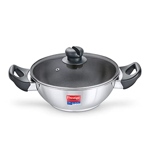 Prestige Platina Non-Stick Stainless Steel Kadai withglass Lid(26cm)|Even Heat Distribution|Sturdy & Heat Resistant Handles|Gas & Induction Compatible|5 Years Warranty