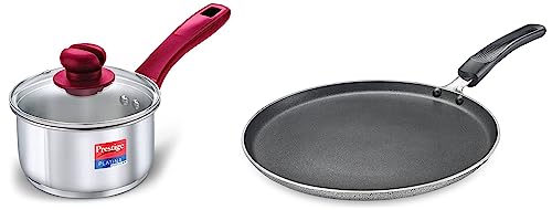 Prestige Platina Popular Gas and Induction Compatible Sauce Pan with Glass Lid, 140 mm & Prestige Aluminium Omega Select Plus IB Non-Stick Omni Tawa, 25 cm, Multicolour, Medium