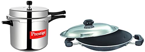 Prestige Popular Aluminium Outer Lid Pressure Cooker, 10 Litres, Silver & Prestige Omega Select Plus Aluminium Residue Free Non-Stick Appachetty with Lid, 20 cm, Black