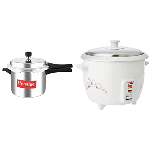 Prestige Popular Aluminium Pressure Cooker, 5 Litres, Silver + Prestige Delight Prwo 1-Litre Electric Rice Cooker (White), 5 Liter