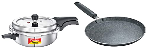 Prestige Svachh, 20256, 4 L, Senior Pressure Pan, with Deep Lid for Spillage Control, Outer Lid Stainless Steel, Silver & Prestige Omega Deluxe Granite Dosa Tawa, 28 cm, Black