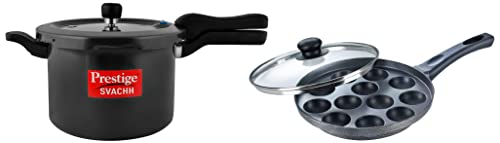 Prestige Svachh 5 Litre Aluminium Pressure Cooker with Hard Anodized Body & Aluminium Omega Select Plus Non Stick Paniyarakkal with Lid (24 cm)