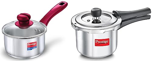 Prestige Svachh Popular Spillage Control Outer Lid Pressure Cooker, 1.5 L (Silver) & Prestige Platina Popular Gas and Induction Compatible Sauce Pan with Glass Lid, 140 mm