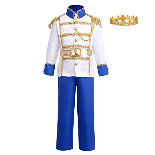 Prince Costume for Boys Royal Prince Charming Costume Boys King Prince Charming Costume Boys Halloween Cosplay Dress Up Toddler Kids Birthday Outfit Belt King Crown Accessories 4PCS Royal Blue 3-4T