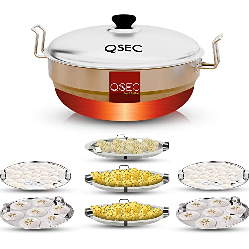 QSEC Stainless Steel Idly Cooker Multi Kadai Idli And Dhokla Steamer & Idli Cooker With 7 Plates|Mini Idli Stand|2 Mini Idli Plate|2 Idli|2 Dhokla|1 Momos|Multi Utility Kadai Cookware Set,5 Litre