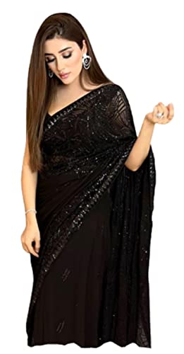 RANGOLI ART Womens And Girls Georgette Fabric Saree With Sequence embroidery work in double run thread Black Color Saree