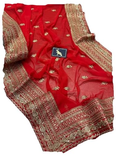 RANGOLI ART Womens And Girls Georgette Fabric Saree With Zari Embroidery Work Red Color Saree