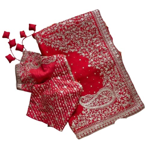 RANGOLI ART Womens And Girls Organza Silk Fabric Saree With silver cordding Sequins work (Red)