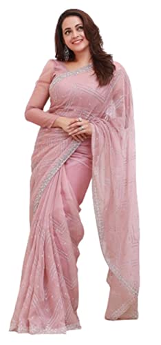 RANGOLI ART Womens And Girls Pure Organza Silk Fabric Saree With Heavy Embroidery Thread zari & Sequnce Work pink color saree