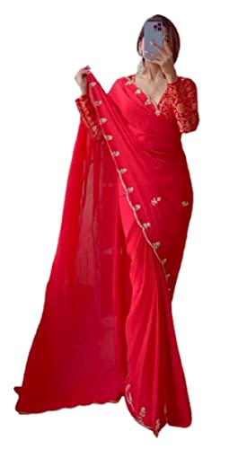 RANGOLI ART Womens And Girls Silk Fabric Saree With And Weaving Red Color Saree Matching blouse