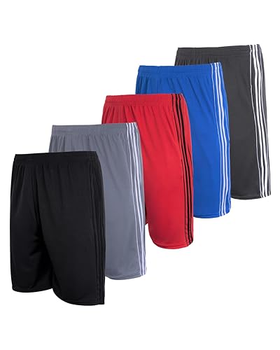 Real Essentials Boys' 5-Pack Mesh Active Athletic Performance Basketball Shorts with Pockets, Set 2, Large