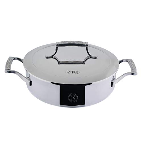 SAVEUR SELECTS Tri-ply Stainless Steel 3-Quart Sauteuse with Lid, Induction-ready, Dishwasher Safe, Voyage Series