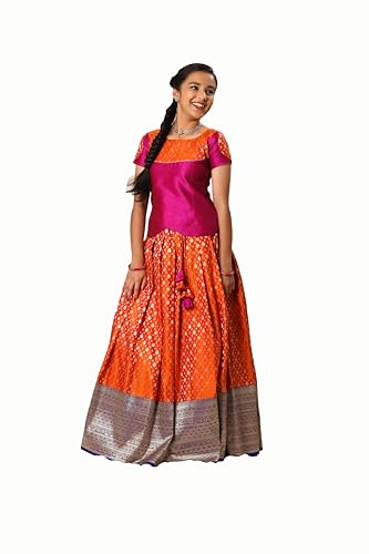 SHIVANGI Orange Floating Peacock Pattu Pavadai For Girls (11-12 Years)