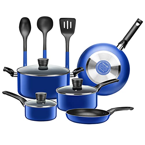 SereneLife Kitchenware Pots & Pans Basic Kitchen Cookware, Black Non-Stick Coating Inside, Heat Resistant Lacquer (11-Piece Set), One Size, blue