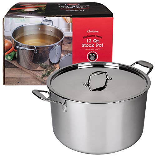 Stock Pot - Tri-ply 18/10 Professional Grade Induction Ready with Stainless Steel Lid and Stay Cool Handles (12 Quarts)