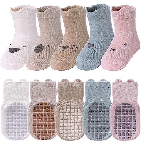 TRUEHAN Toddlers No Slip Socks Cute Cartoon with Grips Crew Cotton Girls Boys Socks, 5 Pairs Animal a, 1-3 Years