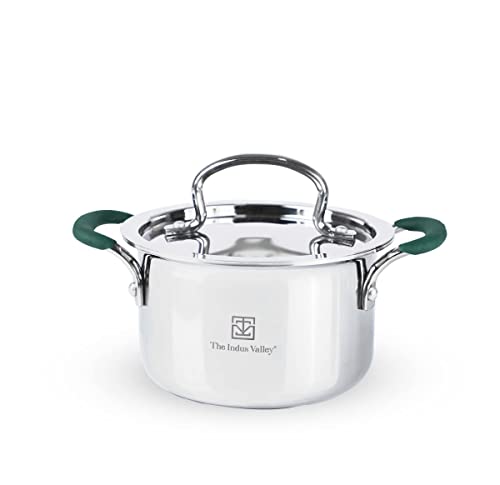 The Indus Valley Triply Stainless Steel Stock Pot/Casserole with Steel Lid | Very Small 16.7cm/6.6 inch, 1.4Ltr, 0.9kg | Induction Friendly | Nonstick 3-Layer Body, 100% Pure & Toxin-Free