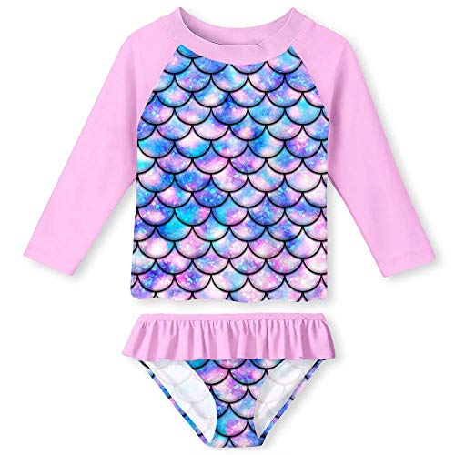 UNIFACO Baby Girls Mermaid Scales Rash Guard Swimsuit Set Fashion Vacation Stretchy Neckline Bikini Bathing Suit Pink 5-6T