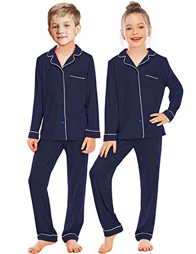 Veseacky Big Boys Long Sleeve Pyjamas Set with Elasitc Waist - Jersy Cotton Pjs Set Navy Blue 9-10 Years