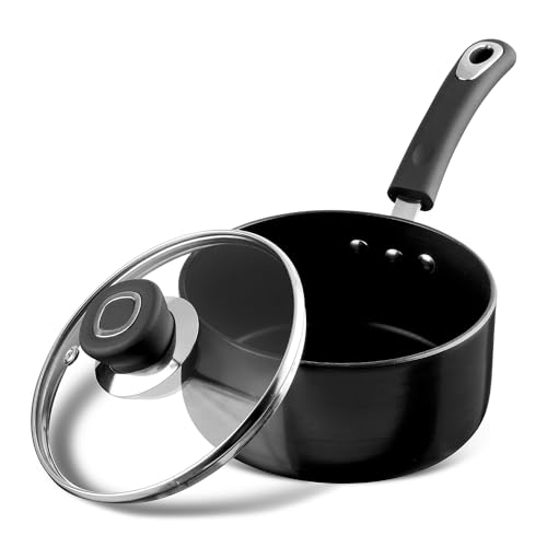 Vinod Hanos Hard Anodised Non Stick Saucepan with Lid - 1.7 Litre, 16 cm | 3.25mm Thick | 5X Long Lasting | Soft Touch Handle, Scratch Proof | Induction & Gas Base | 2 Year Warranty