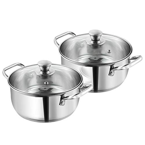 Vinod Roma Casserole Stainless Steel Set of 2 with Glass Lid | 1.1 and 1.5 Litre | Biryani Pot | Sandwich Bottom | Rivetted Handle| Induction & Gas Base | 2 Year Warranty