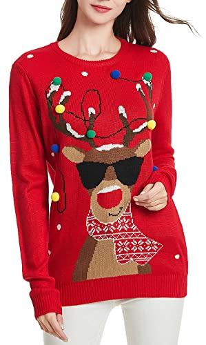 Women's Christmas Reindeer Traditional Knitted Holiday Ugly Sweater Girl Pullover Cardigan, Lighting-smartdeer, X-Large