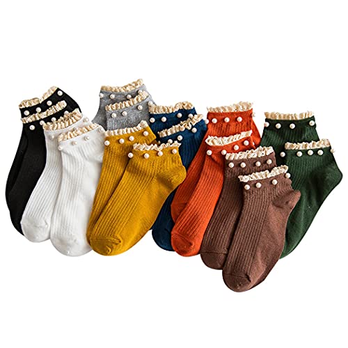 YHomU Women Ankle Socks Cute 8 Pairs Simple Cozy Fashion Lovely Casual Soft Low Cut Socks with Lace Ruffle Fashion Breathable Faux Pearl