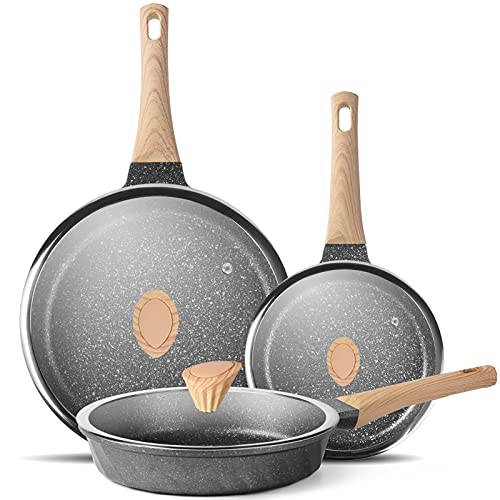 YIIFEEO Nonstick Frying Pan Set, Stone Skillet Set, Omelette Pan Cookware Set, Induction Frying Pan with 3 Lid(8inch&9.5inch&11inch)