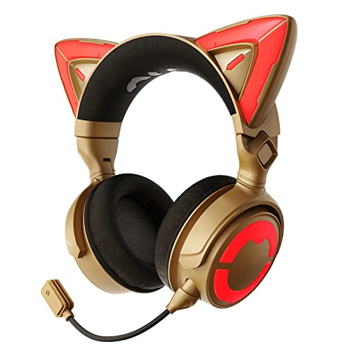 YOWU RGB Cat Ear Headphones 4, Wireless and Wired Gaming Headset with Attachable HD Microphone, Active Noise Reduction, Customizable Lighting and Effect via App (Gold)