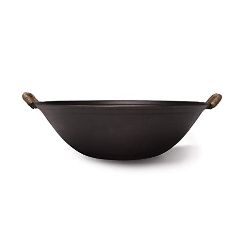 ZhenSanHuan Handmade Cast Iron wok No Coating No painting Healthy, Flat Bottom, Induction Suitable (32CM (12.6inches))
