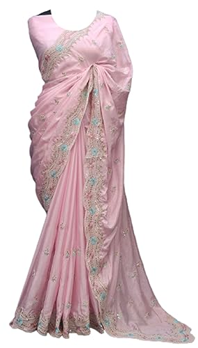 infloura Saree For Women's And Girls Heavy Premium Diamond Chinon Silk Fabric With Heavy Embroidery Multi Codding Sequins Work (Light Pink)