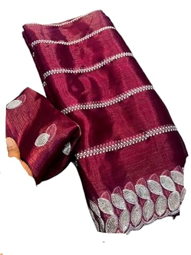 infloura Saree Women's And Girls Soft Zimmy choo Silk with Embroidery work of 3 mm Sequins work C-pallu Work (Cherry)