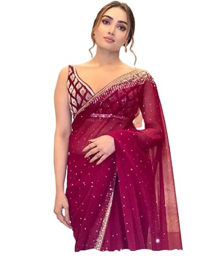 infloura Women's And Girls Heavy Georgette Multi Colours Saree With C-Pallu Sequence Work Along With Hand Stone Work Red Color