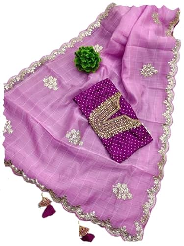 infloura Women's And Girls Organza Silk Saree With Thread Embroidery Sequence Work And Latkan (Onion)