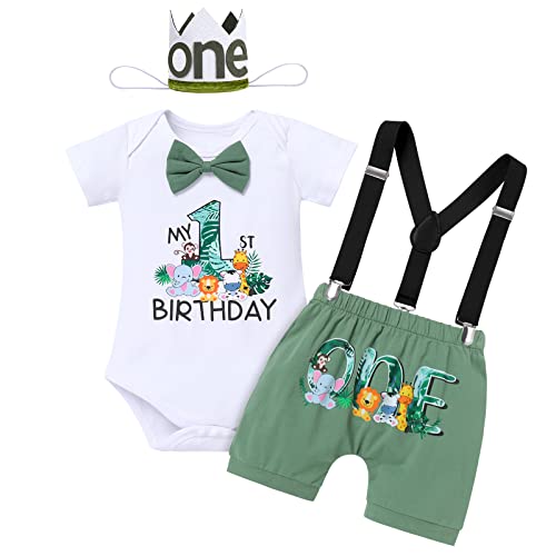 wild one Birthday Decorations for boys, Safari 1st half Birthday Outfit Jungle Woodland Animal Theme Romper & Bloomers Pants & Suspenders 3PCS Cosplay Dress up Halloween Set Teal Blue 6-12 Months