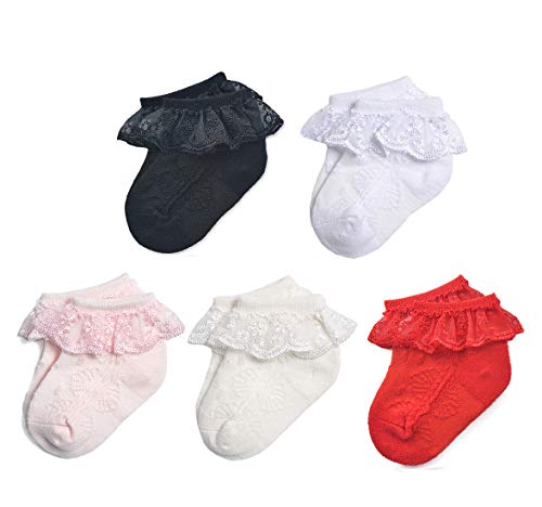 Epeius 5 Pair Pack Newborn Baby-Girls Eyelet Frilly Lace Socks Princess Ankle Socks for 0-3 Months,Black/White/Red/Off White/Pink