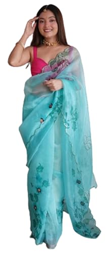 infloura Women's And Girls Soft Organza Silk Fabric Saree With all over Digital print with handwork (Khatli) work bollywood saree (Sky Blue)