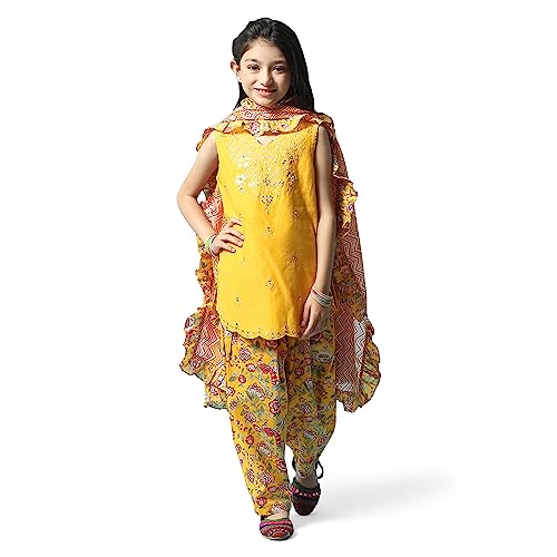 BIBA Girls Girl's Polyester Salwar Suit Set (KW5123AW23YEL_Yellow