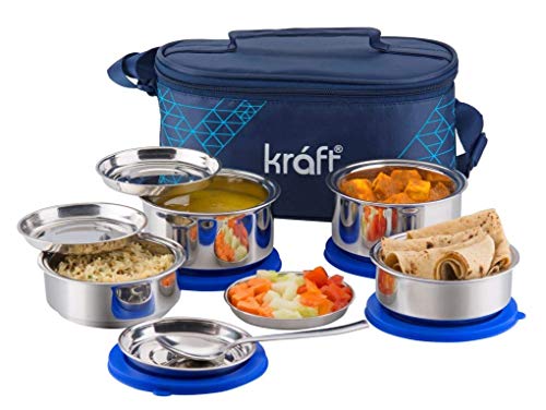 Kraft GO Delight Stainless Steel Insulated Tiffin Box / Lunch Box Set of 4 with Spoon | Easy to Carry | Dishwasher Safe | BPA Free Lid | Leak Proof | Free Tiffin Bag