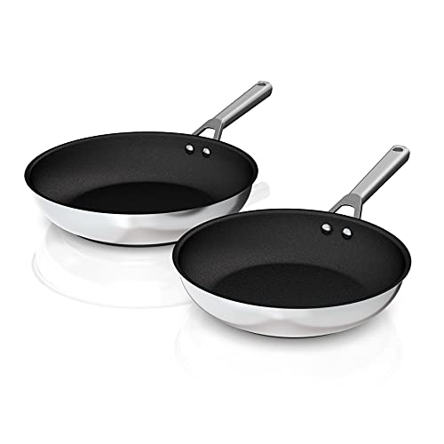 Ninja C62200 Foodi NeverStick Stainless 10 1/4-Inch and 12-Inch Fry Pan Set, stainless nonstick, durable, oven safe to 500°F, Stainless Steel