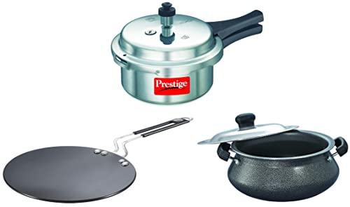 Prestige Junior Handi with Lid (Black, 20cm) Popular Aluminium Outer Lid Pressure Cooker, 2 litres, Silver&Prestige Aluminium Cookware Induction Base Paratha Tawa, 26.5 cm, Black