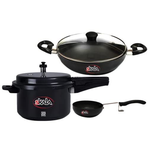 Skala Combo Pack Of 5 Litres Outer Lid Pressure Cooker | Kadhai 28cm with Glass Lid |Tadka Pan 12cm | Hard Anodised Aluminium (Non-Induction) Cookware set | Gas Stove | Black