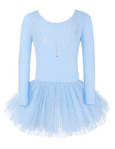 Zaclotre Kid Girls Long Sleeve Leotards Ballet Dance Sparkly Tutu Dress Ballerina Outfits, Clear Blue, 6-7 Years